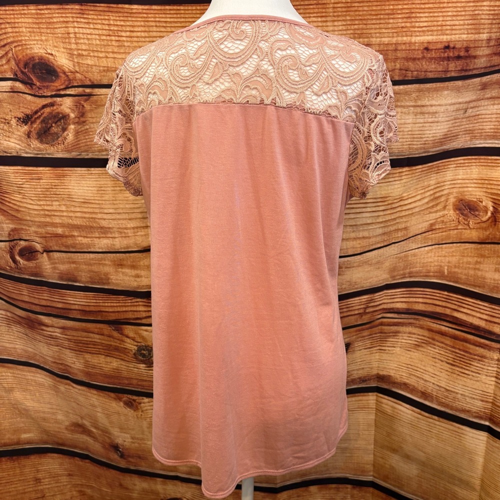 Womens Pink 1/4 Length Cap Sleeve/Back Boho Lace Detail Scoop Neck Size L - Picture 3 of 7